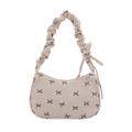 Chic corduroy underarm bag with bow print and pleated strap in light beige tone - White