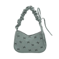 Green corduroy hobo bag with black bow patterns and ruffled handle for women - Green