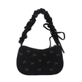 Black corduroy underarm bag with silver bow prints and ruched handle detail - Black