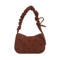 Brown corduroy underarm bag with black bow print and pleated strap detailing - Brown