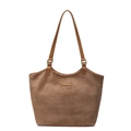Borsa tote in camoscio marrone con tracolla in pelle e dettaglio in metallo dorato - Cachi