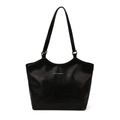 Large black tote bag in textured faux leather with silver lettering for daily commute - Black