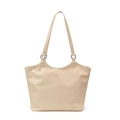 Minimalist cream beige leather tote bag with silver logo and long shoulder straps - White