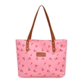 Roze shopper met kersenprint, bruine kunstlederen handvatten en centraal merklogo - Roze