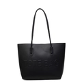 Minimalistische grote zwarte tote bag met TOTE BAG reliëf en lange hengsels - Zwart
