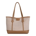 Bolso tote minimalista de lona beige con asas de cuero marrón para uso diario y oficina - Caqui