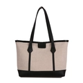 Bolso tote minimalista de lona con ribete de cuero negro y costuras en contraste - Negro