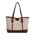 Bolso tote grande en lona beige y cuero marrón para uso diario y oficina - Marrón