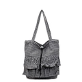 Bolso tote de lona de cuadros con volantes y cierre de cordón negro para mujer - Negro