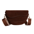 Dark brown suede saddle crossbody bag with wide shoulder strap and fashion text - Brown