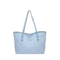 Light blue quilted tote bag with floral embroidery and adjustable leather shoulder strap - No Pendant / Blue