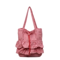 Bolso tote de moda con cuadros vichy rojos y blancos, volantes y cierre de cordón - Burdeos