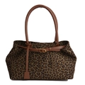 Borsa tote leopardata con manici in pelle marrone e fibbia in metallo dorato - Verde