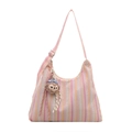 Sac fourre-tout en toile à rayures roses avec pendentif singe en peluche marron - Avec Ornement / Rayé Rose