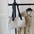 Minimalist cream white canvas tote bag with black faux leather straps on a hanger - No Pendant / Black