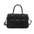 Classic black leather crossbody bag with silver hardware and fashion lettering - Black
