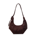 Dark brown suede hobo bag with moon shape silhouette and knotted drawstring detail - Coffee