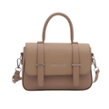 Chic tan faux leather crossbody handbag with lychee texture and silver hardware details - Khaki
