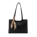 Chic black PU leather tote bag with elegant vintage silk scarf on handle, shoulder bag style - Black