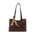 Retro dark brown tote bag with smooth faux leather texture and decorative silk scarf strap - Brown