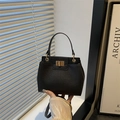 Chic black litchi pattern leather shoulder bag with vintage gold twist lock buckle - Black