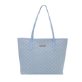 Elegante hellblaue Tragetasche mit M-Monogramm-Print und goldener Logo-Metallplakette - Blau