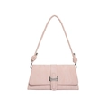 Bolso baguette rosa en cuero plisado con hebilla plateada y correa anudada en fondo blanco - Rosa