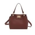 Brown litchi grain leather crossbody bag with golden metal twist lock closure - Brown