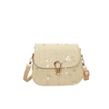 Beige woven crossbody bag with pink floral embroidery and metal lock closure - Khaki