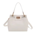 White faux leather bucket bag with gold lock and detachable strap for autumn fashion - White