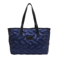 Quilted blue down tote bag with black wide straps and large capacity for women - Blue