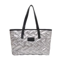 Silver metallic padded tote bag with quilted texture and black leather top handles - Silver