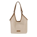 Französische beige geflochtene Tragetasche mit braunen Ledergriffen und Aufnäher - Khaki