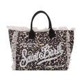 Tragetasche mit Leopardenmuster, weißen Fransen und Saint Barth Logo für den Strand - Buchstaben-Stil