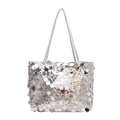 Chic silver sequin tote bag for women featuring a pearl bow charm and dual slim straps - Silver with Charm