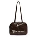 Sac bandoulière en cuir verni marron foncé avec nœud brodé blanc et logo élégant - Marron