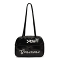 Sac à bandoulière noir brillant minimaliste avec nœud argenté et imprimé de lettres - Noir