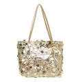 Sparkling gold sequin tote bag with metallic discs and pearl bow charm accessory - Gold With Pendant