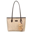 Grande borsa tote beige con manici marroni e ciondolo orsetto per uso quotidiano - Bianco Crema con Pendente