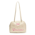 Cream PU leather shoulder bag with pink bow embroidery and stylish letter stitching - White