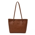 Minimalist brown faux leather tote bag with FASHION lettering embossed on the front - Brown No Pendant