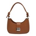 Brown leather moon-shaped hobo shoulder bag with knot strap and silver square lock - Brown