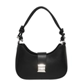 Minimalist black leather hobo handbag with silver metal buckle and chic knotted shoulder strap - Black