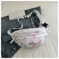 Macro detail of floral print nylon waist bag with adjustable strap and buckle closure - White