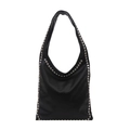 Schlichte schwarze Hobo-Tasche aus Wachsleder mit silbernen Metallnieten für Damen - Schwarz