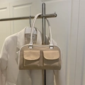 Borsa a spalla chic in tela kaki e bianco con due tasche frontali per un look casual - Cachi