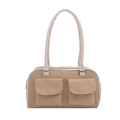 Retro light brown suede underarm tote bag with white leather straps and front pockets - Khaki