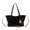 Black glossy tote bag with patent leather finish and creative baseball charm accessory - With Pendant / Black