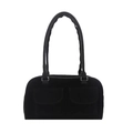 Chic black faux suede handbag with dual top handles and front pockets in vintage style - Black
