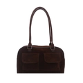 Retro dark brown suede boston handbag with dual front flap pockets and long handles - Brown